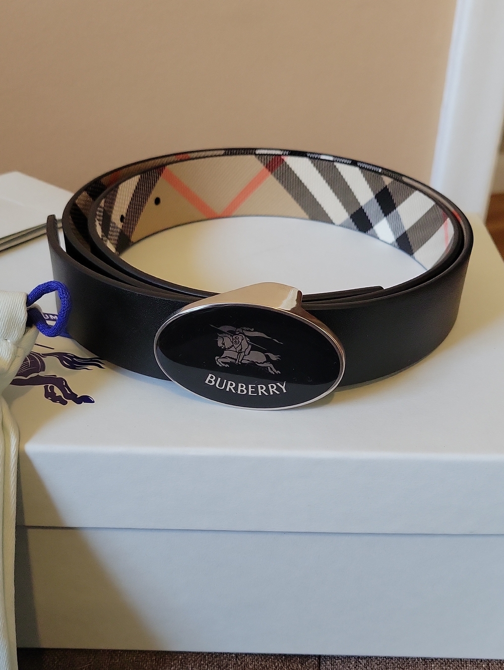 Reversible Burberry Black Leather Belt w/ Vintage Check and Oval Logo Buckle